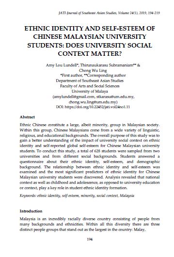 Ethnic Identity And Self Esteem Of Chinese Malaysian University Students Does University Social Context Matter Jati Journal Of Southeast Asian Studies